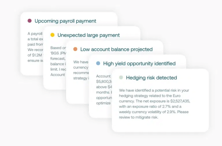 Five notification cards deliver brief financial alerts, each marked with a colored dot indicating different topics like payroll, large payments, low balance, opportunities, and risk detection—helping you stay on top of cash flow analysis at a glance.