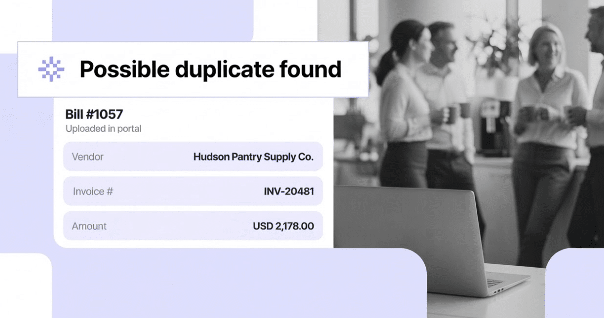 A digital notification titled “Possible duplicate found” displaying invoice details for Hudson Pantry Supply Co., showing invoice number INV-20481 and an amount of USD 2,178.00.