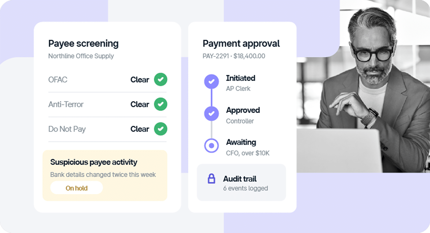 A dashboard showing payment approval and payee screening statuses, with a business professional working on a laptop in the background.