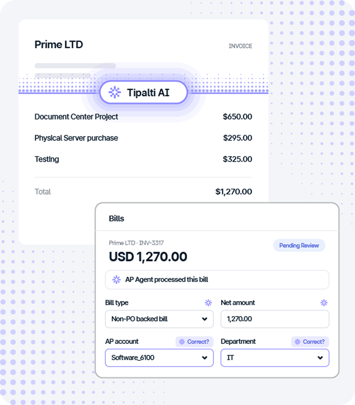 Digital invoice and bill payment interface showing line items for Prime LTD totaling $1,270.00, with AI-processing status indicators.