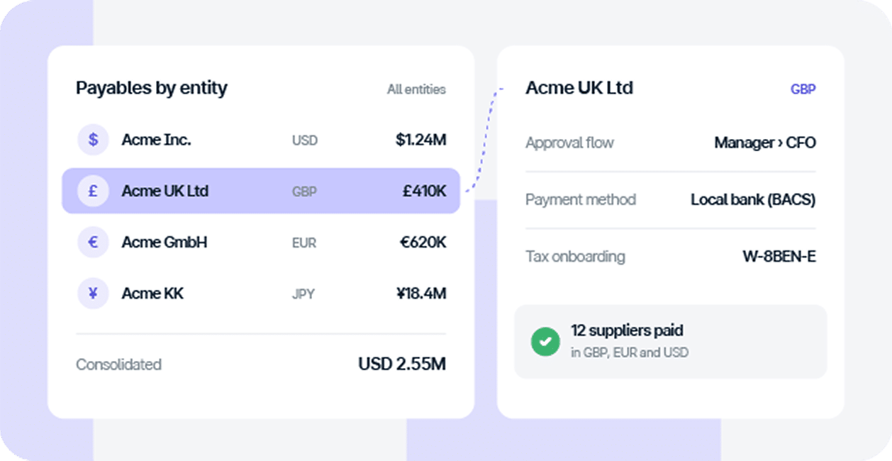 Dashboard displaying payables by entity, with Acme UK Ltd selected to show details including approval flow, payment method, tax onboarding, and a payment status summary.