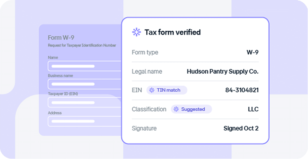 A digital status card showing a verified W-9 tax form for Hudson Pantry Supply Co., including an EIN TIN match and LLC classification.