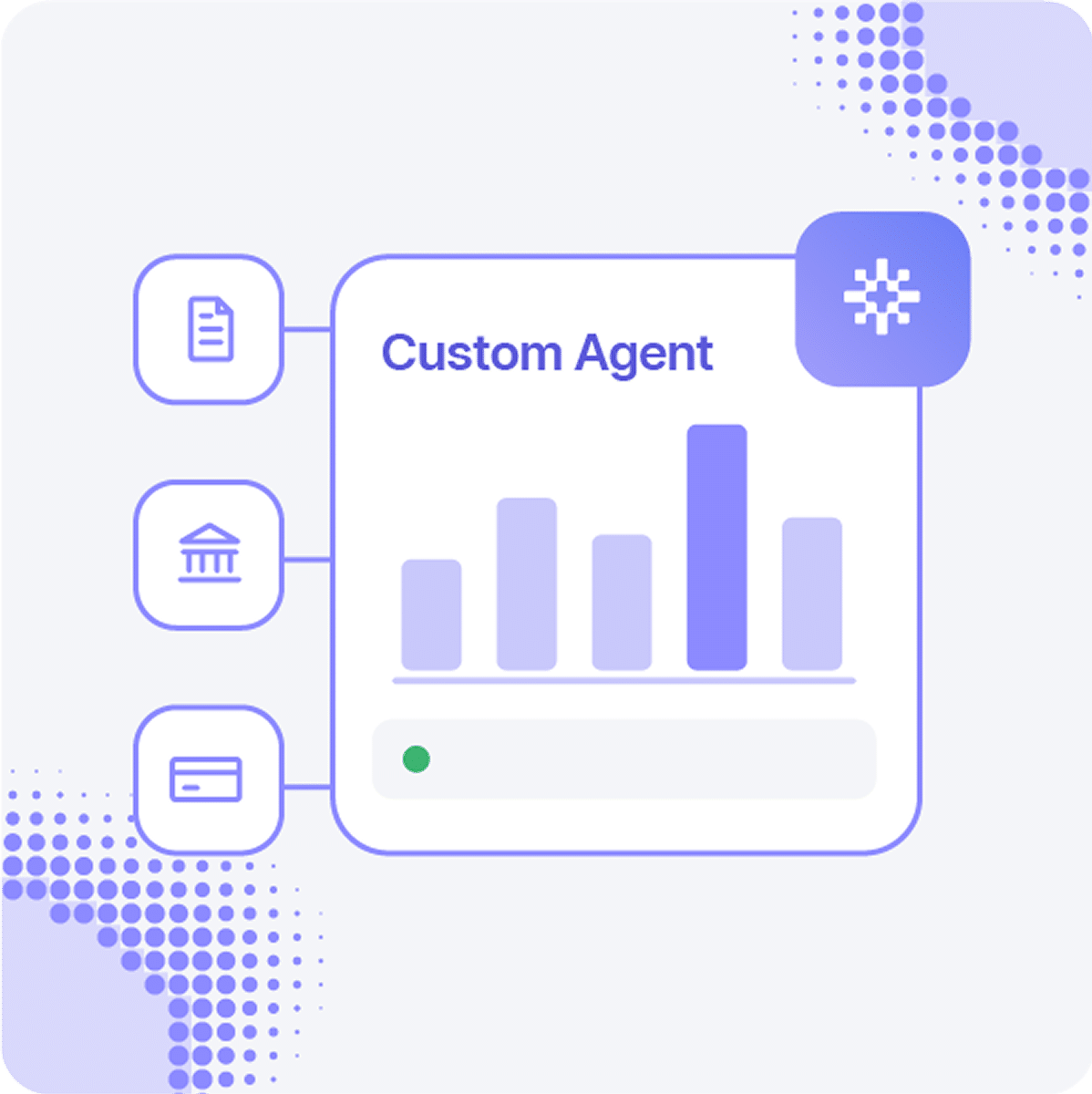 A digital interface graphic labeled “Custom Agent” featuring a bar chart and three sidebar icons representing a document, a building, and a credit card.
