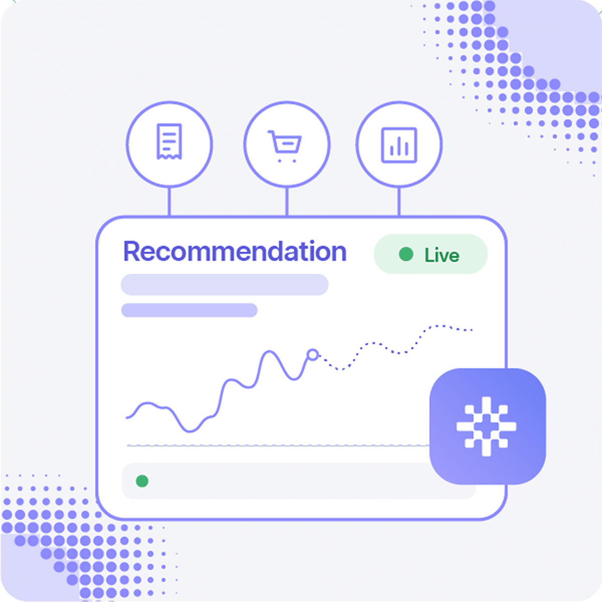 A dashboard graphic titled “Recommendation” showing a live trend line graph, three top-level icons, and a branded logo square.
